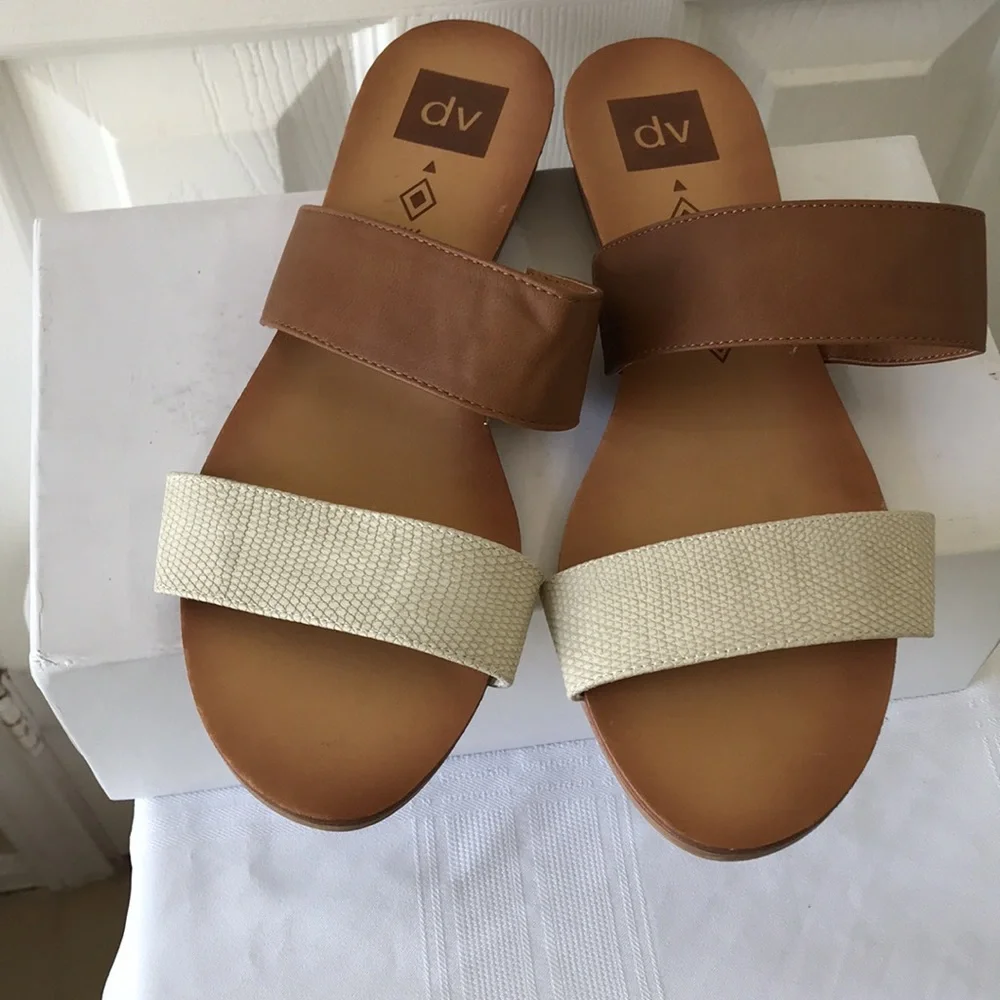 DV by Dolce Vita Two-Tone Tan and Cream Wedge Slide Sandals